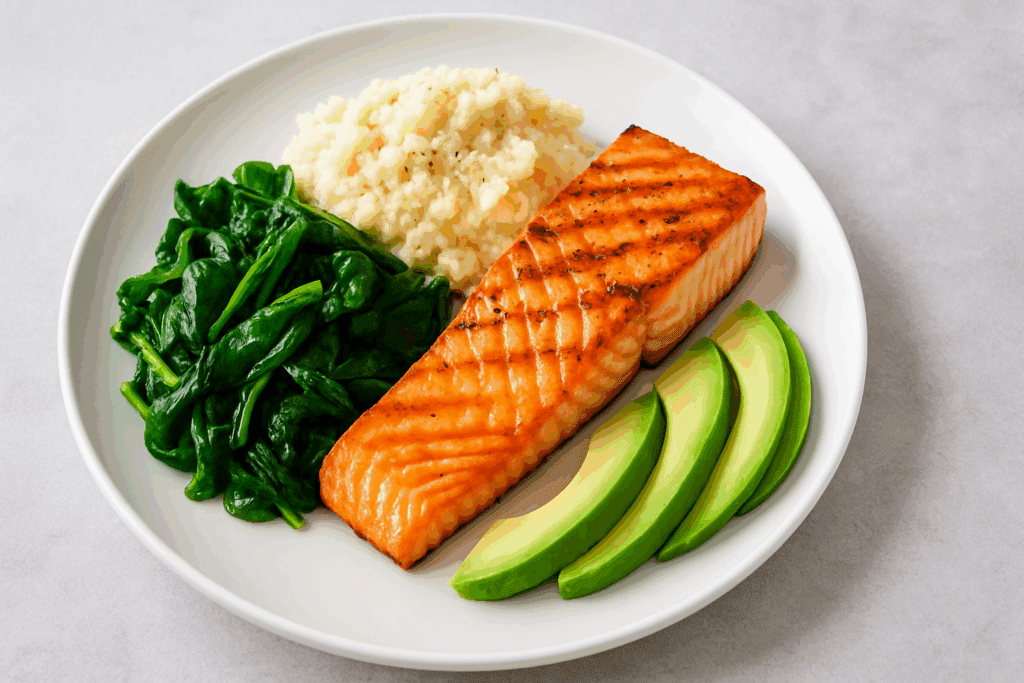 Grilled salmon served with keto vegetables like sautéed spinach, creamy cauliflower mash, and sliced avocado on a white plate.