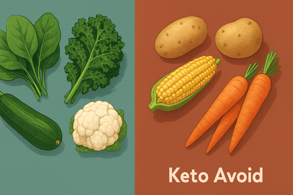 Infographic contrasting keto vegetables like spinach, kale, zucchini, and cauliflower with high-carb vegetables like potatoes, corn, and carrots.