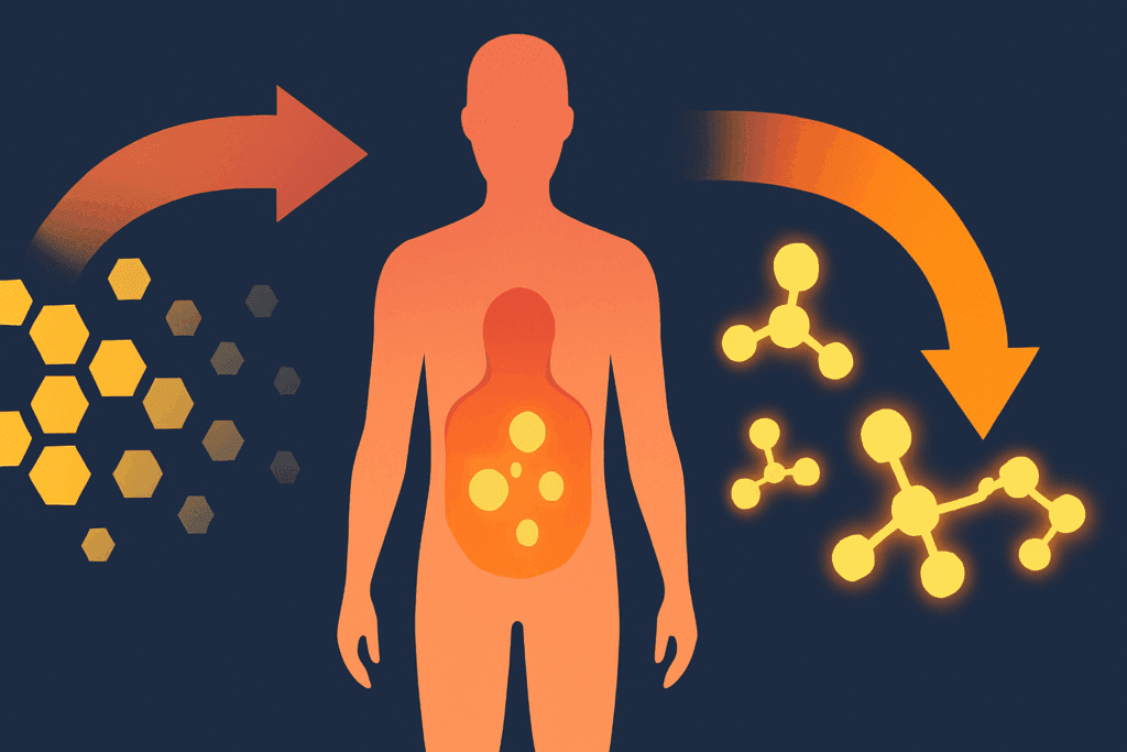 Human body transitioning from burning carbs to fats with glycogen depletion and ketone rise, illustrating keto flu symptoms