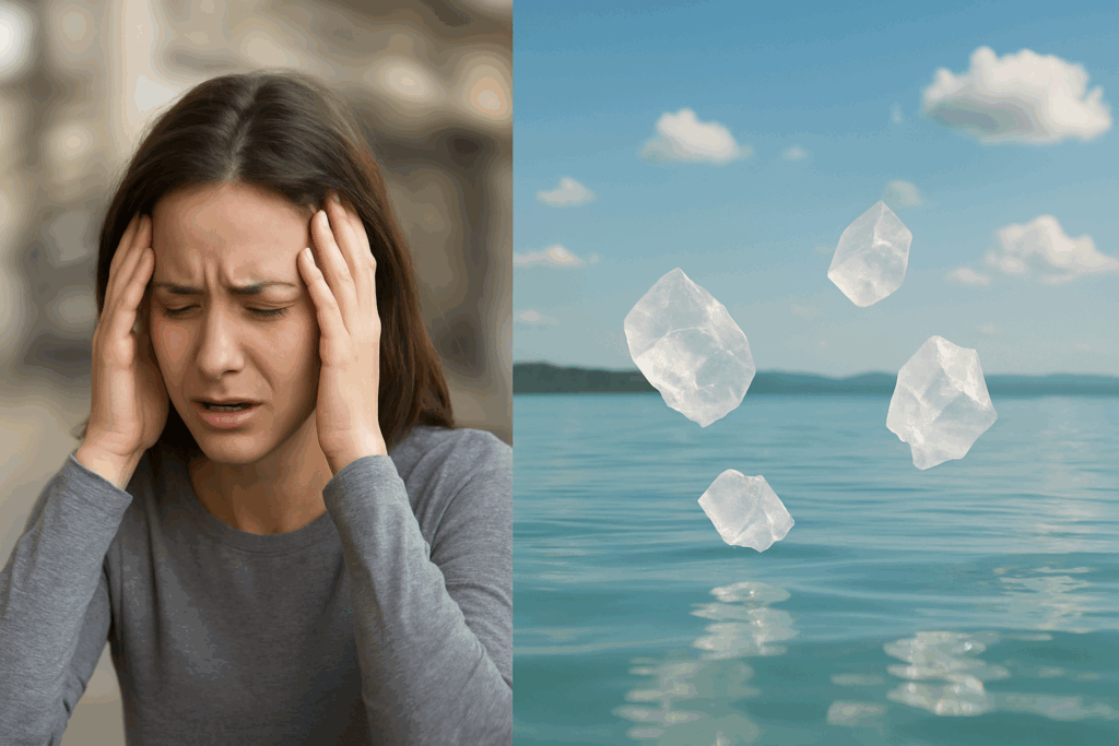 Split image illustrating keto flu symptoms: a woman feeling dizzy and shaky on one side, and floating electrolyte crystals over calm water on the other.