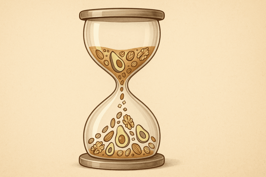 Hourglass with keto flu symptoms icons like avocado slices, nuts, and salt crystals symbolizing the slow passage of time.