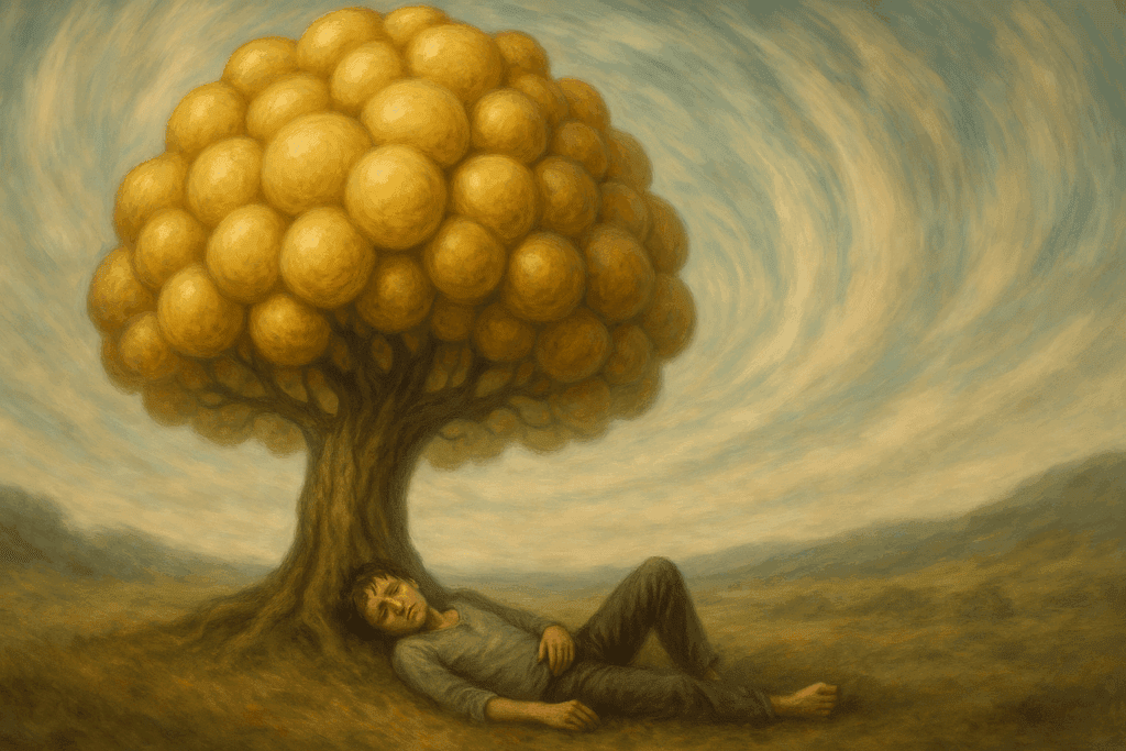 Tired person resting under a surreal tree shaped like fat molecules with a swirling sky, symbolizing keto flu symptoms such as fatigue and dizziness.
