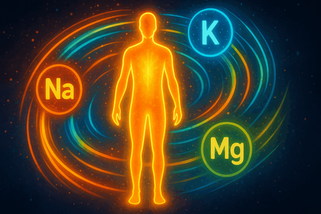 Colorful electrolyte minerals circulating around a hydrated human silhouette, symbolizing electrolyte management for keto flu symptoms