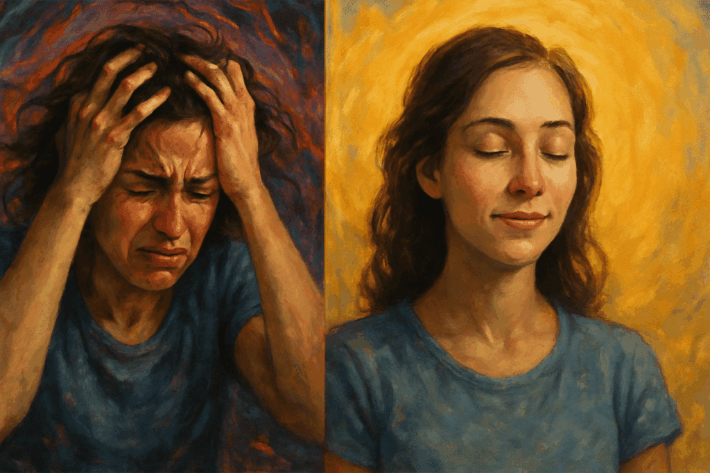 Split-scene illustration of a woman experiencing anxiety and mood swings due to keto flu symptoms, showing stress under chaotic colors and calmness under warm golden light.