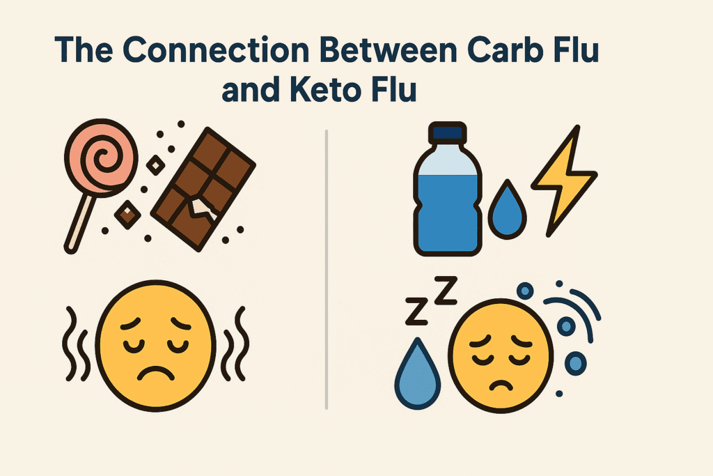 Infographic comparing carb flu and keto flu symptoms with icons showing sugar cravings, mood swings, and fatigue for carb flu, and dehydration, electrolyte loss, and dizziness for keto flu.