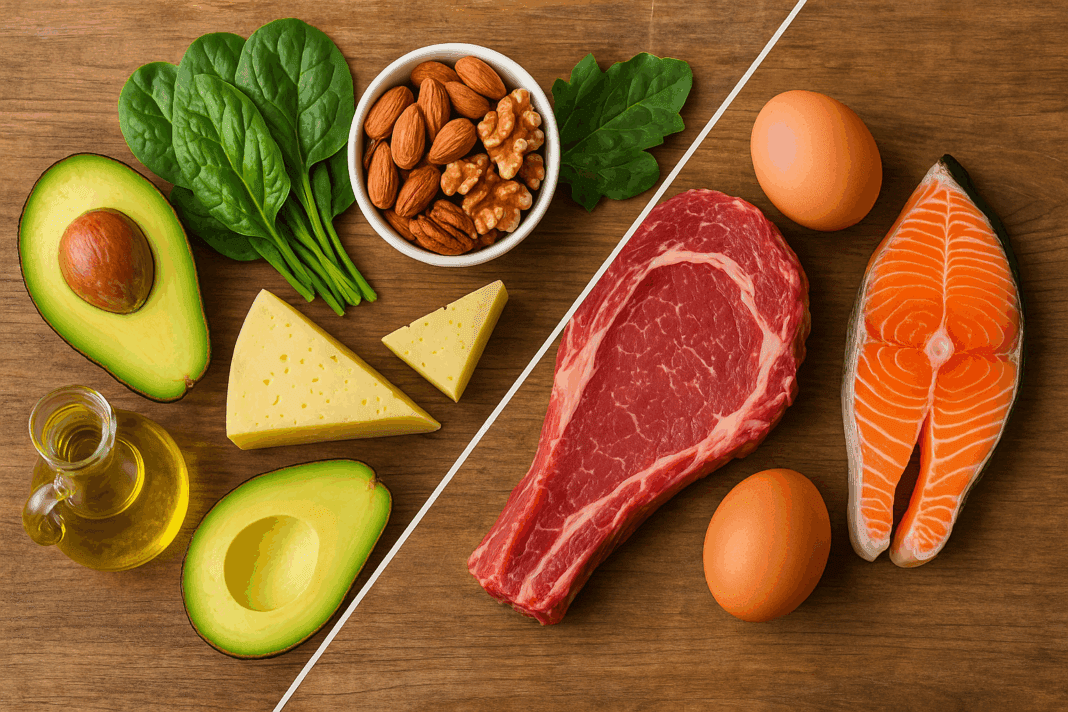 Keto vs Carnivore comparison showing avocado, nuts, leafy greens, cheese, and olive oil on one side, and steak, eggs, and salmon on the other, displayed on a rustic wooden table.