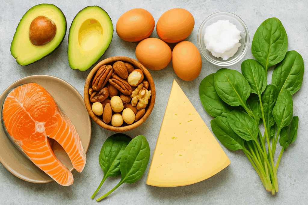 Keto vs Carnivore diet comparison showing avocados, eggs, salmon, nuts, leafy greens, coconut oil, and cheese arranged on a rustic table.