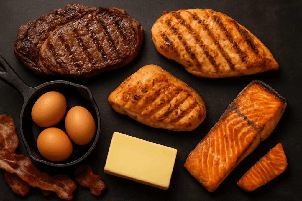 Selection of animal-based foods including steak, chicken, salmon, eggs, and butter on a dark surface illustrating Keto vs Carnivore diets