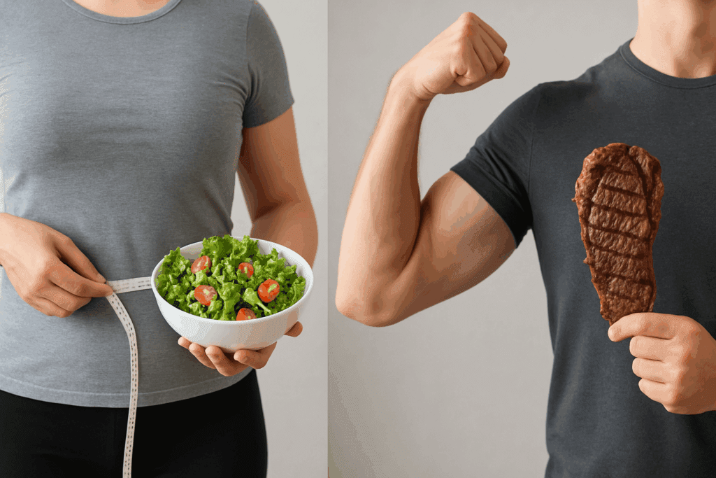 Person measuring waist while holding a salad next to another person flexing muscles and holding a steak, illustrating Keto vs Carnivore fat loss comparison.