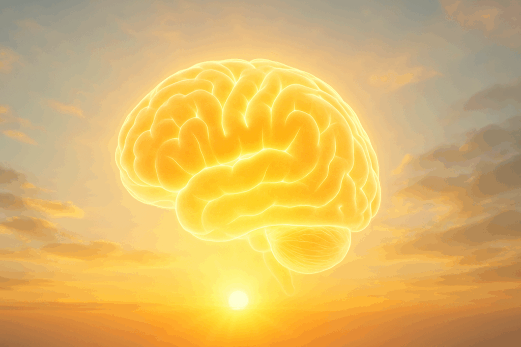 Glowing human brain illuminated by golden sunrise, symbolizing mental clarity and cognitive benefits related to Keto vs Carnivore diets.