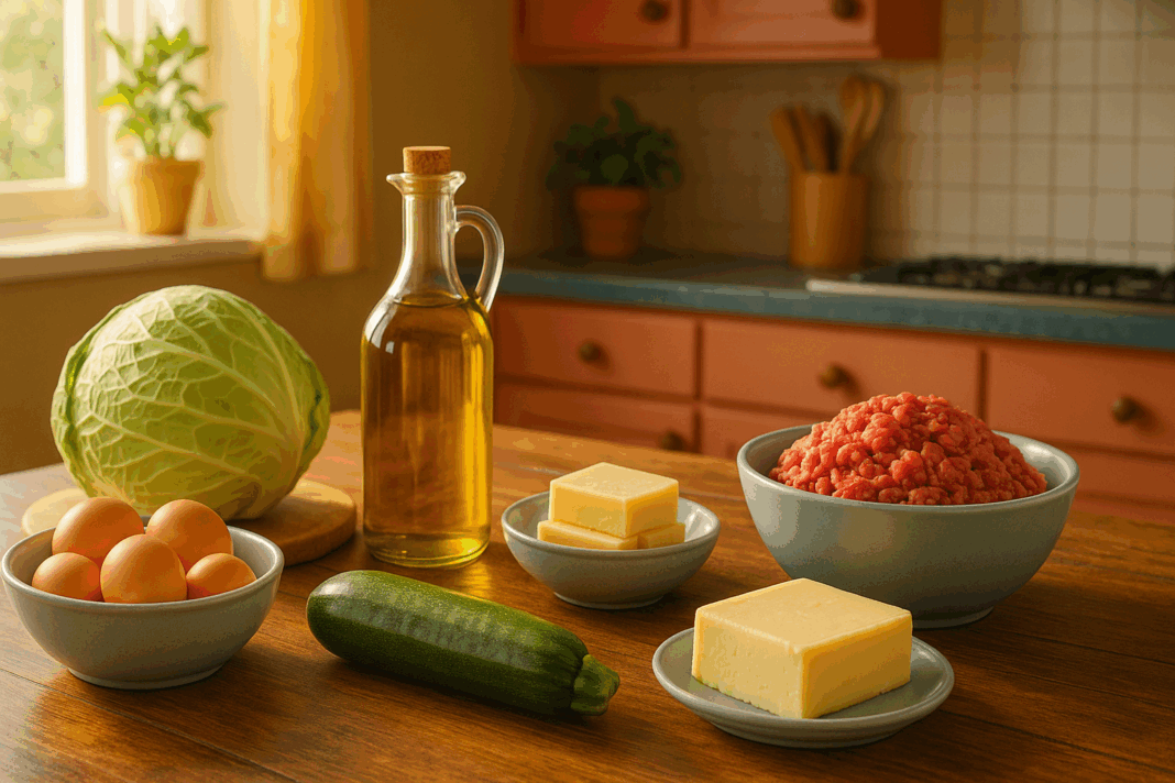 Rustic wooden table with affordable keto meals including eggs, cabbage, ground beef, zucchini, butter, cheese, and olive oil in a sunlit kitchen.
