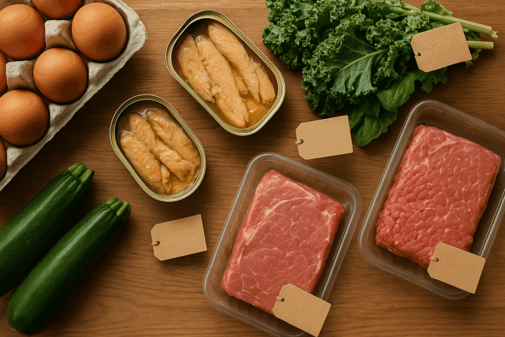 Flat lay of affordable keto meals with eggs, canned fish, leafy greens, zucchini, and bulk-packaged meats on a wooden surface.