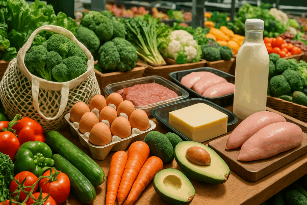 Fresh produce, meats, eggs, and dairy neatly arranged in a grocery store for affordable keto meals shopping.