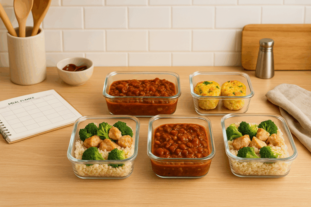 Kitchen counter with neatly packed glass containers of affordable keto meals, including keto chili, egg muffins, and cauliflower rice with chicken, beside a meal planner and cooking utensils.