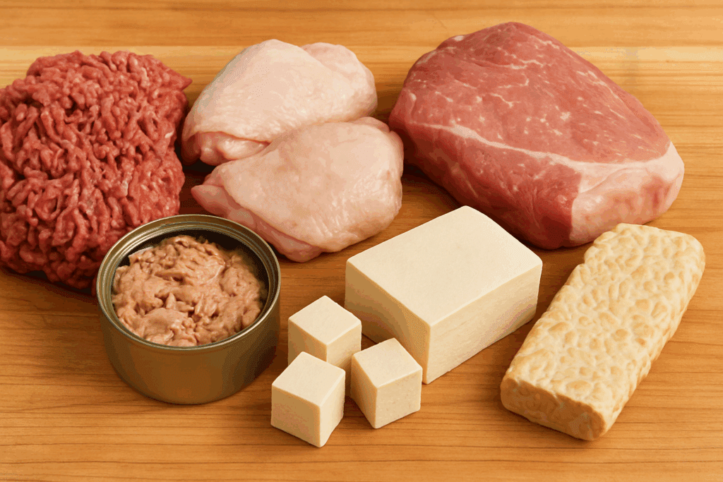 Assortment of affordable keto meals featuring ground beef, chicken thighs, pork shoulder, canned tuna, tofu, and tempeh on a butcher block.