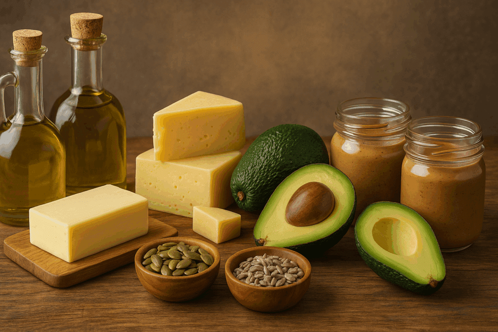 Rustic tabletop with olive oil bottles, butter, cheese, avocados, pumpkin seeds, sunflower seeds, and nut butters for affordable keto meals.