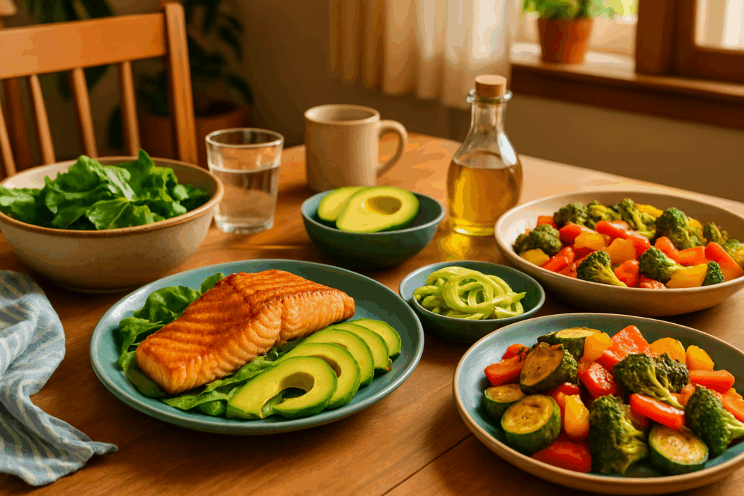 Grilled salmon with avocado slices, leafy greens, zucchini noodles, and roasted vegetables on a cozy family kitchen table, highlighting Quick and Easy Keto Dinner Recipes.
