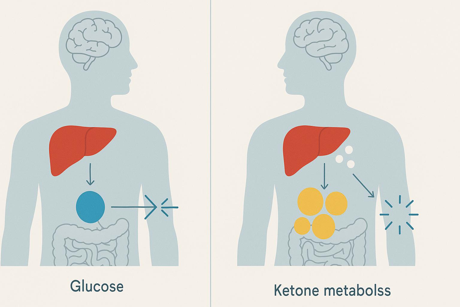 Scientific comparison of glucose metabolism and fat-based ketone metabolism in a human body, illustrating energy production for Quick and Easy Keto Dinner Recipes.