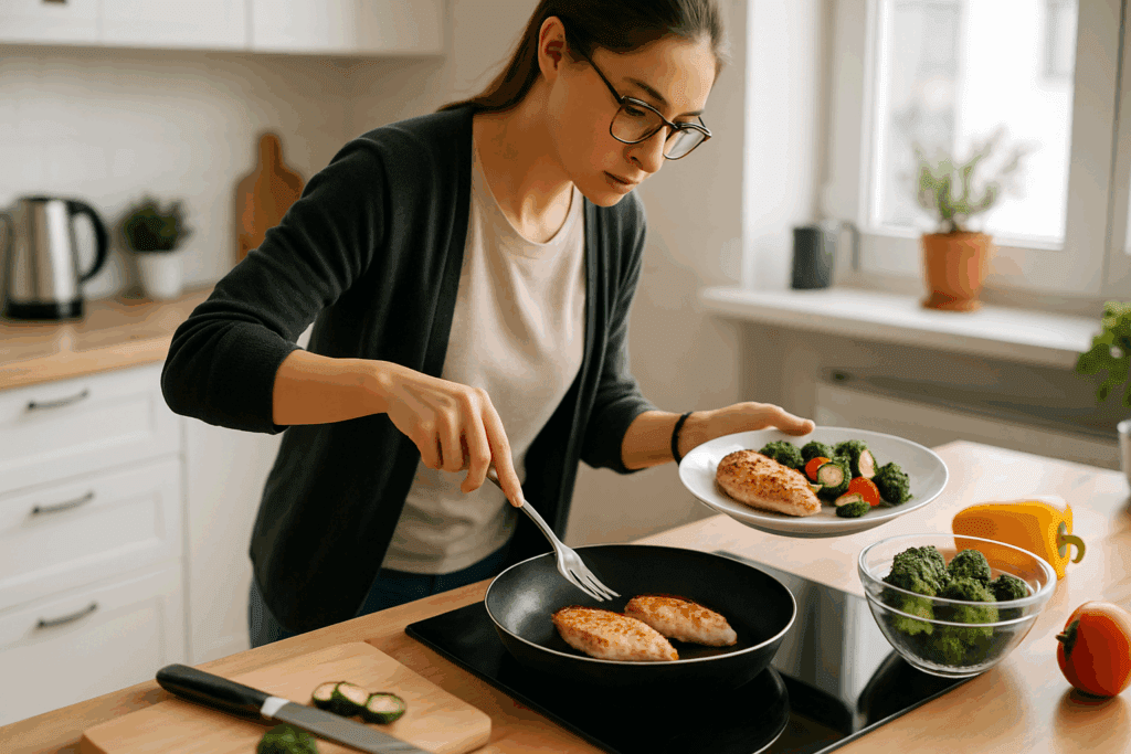 Busy woman preparing grilled chicken and vegetables in a bright kitchen for Quick and Easy Keto Dinner Recipes.