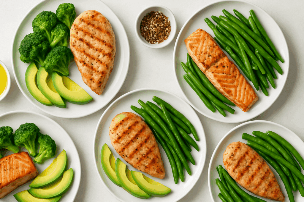 Grilled chicken, salmon, green beans, broccoli, and avocado slices arranged for a flat lay of Quick and Easy Keto Dinner Recipes.