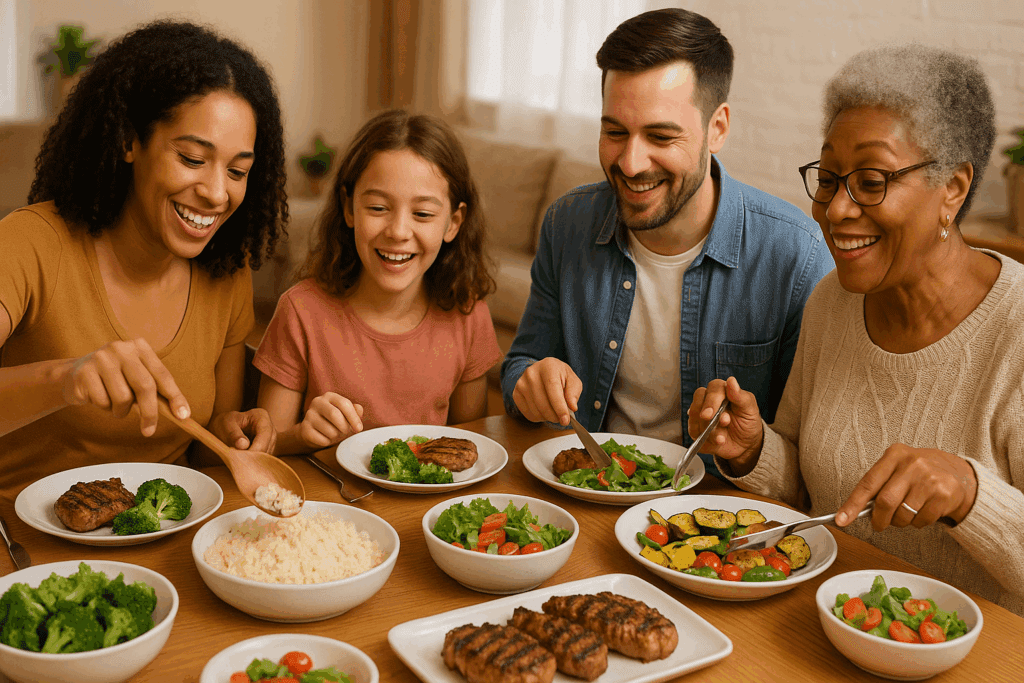 Family enjoying quick and easy keto dinner recipes with cauliflower rice, grilled meats, and fresh salads around a cozy dining table.