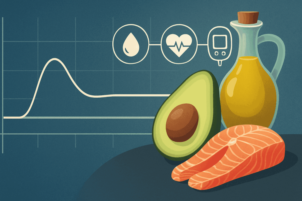 Conceptual graph showing stable blood sugar levels after a meal, paired with healthy fats like avocado, salmon, and olive oil, representing Quick and Easy Keto Dinner Recipes.