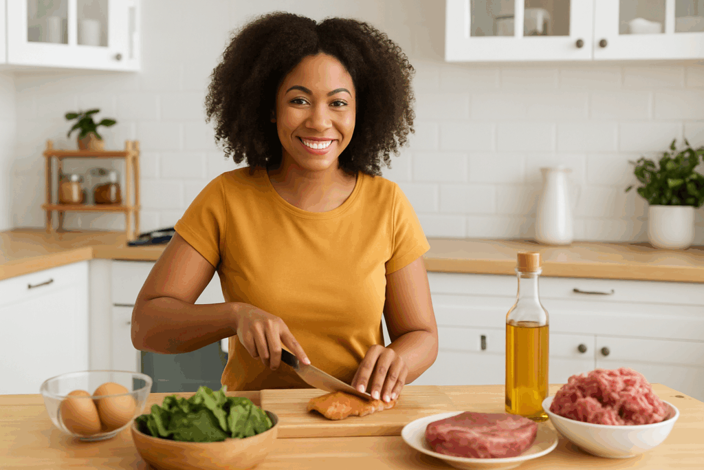 Cheerful beginner in a bright kitchen preparing salmon, leafy greens, and eggs for quick and easy keto dinner recipes.