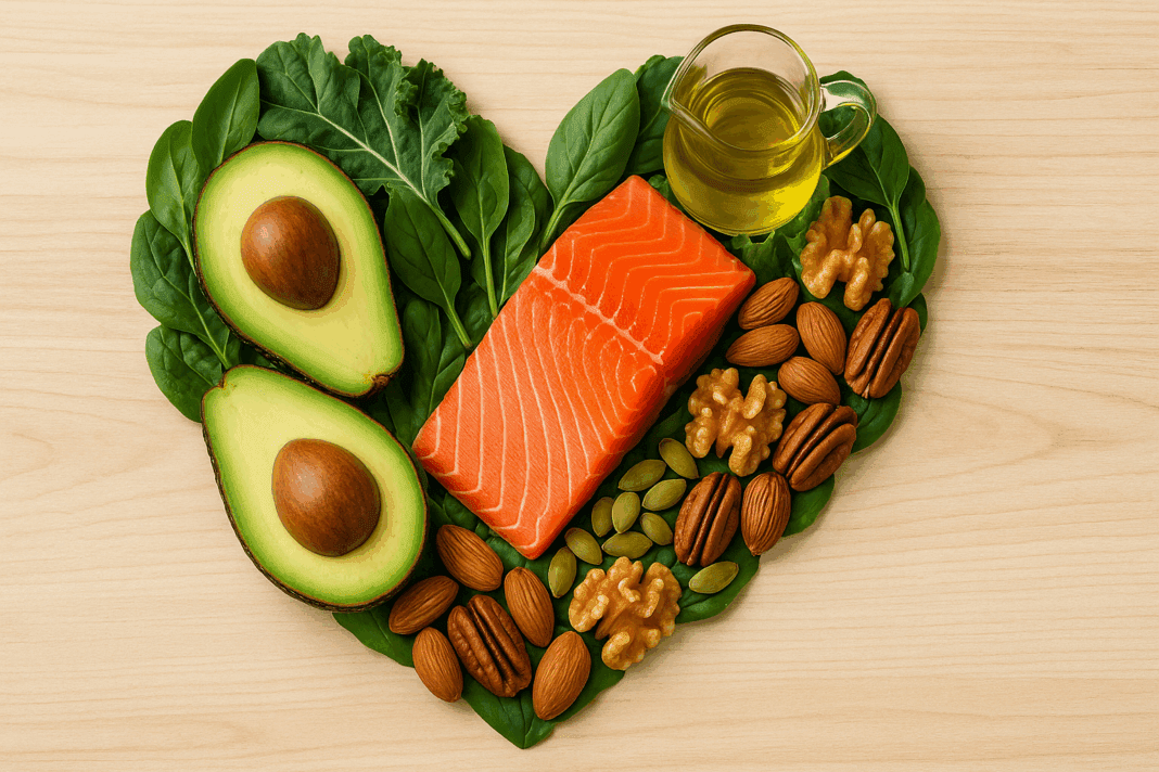 Heart-shaped arrangement of salmon, avocado, leafy greens, nuts, and olive oil on a light wooden table promoting a free keto diet plan.