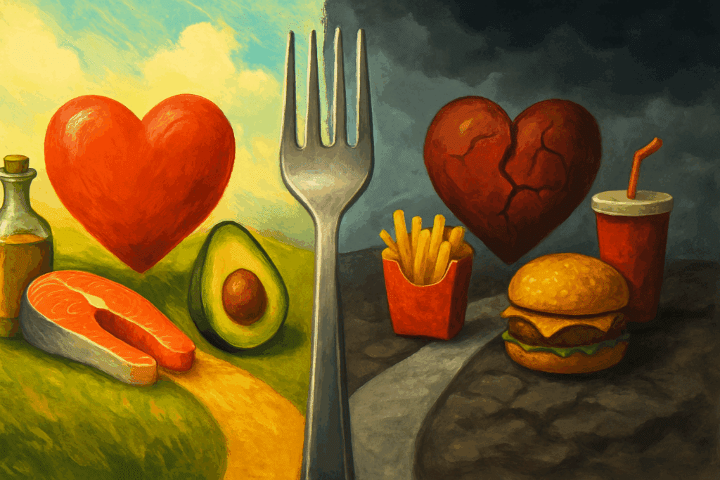 Conceptual forked path illustrating a free keto diet plan leading to a healthy heart with salmon, avocado, and olive oil, versus unhealthy processed foods and a damaged heart.