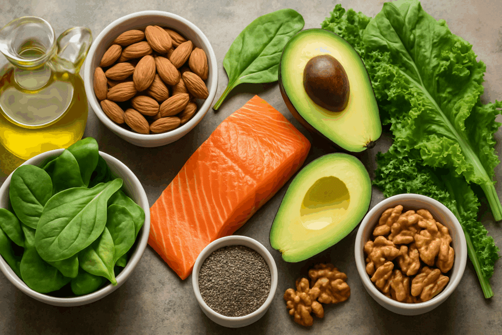 Heart-healthy foods for a free keto diet plan including salmon, avocados, olive oil, almonds, walnuts, spinach, chia seeds, and leafy greens on a rustic counter