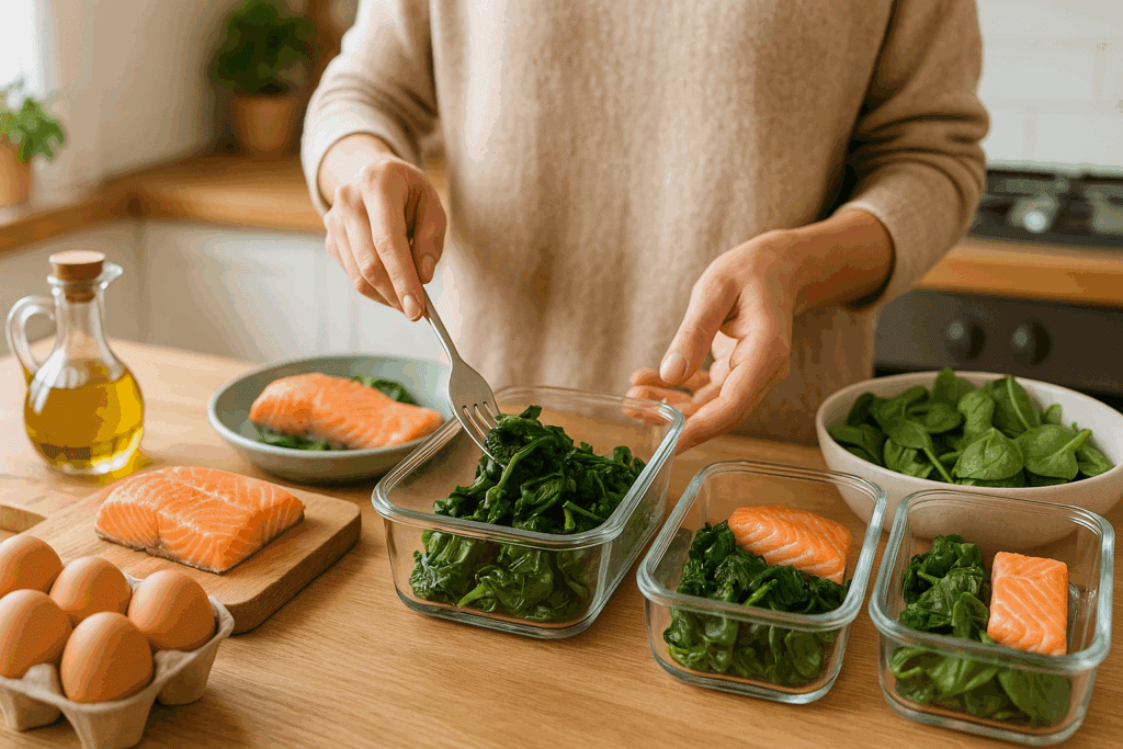 Hands meal-prepping heart-healthy meals with spinach, salmon, eggs, and olive oil as part of a free keto diet plan in a cheerful kitchen.