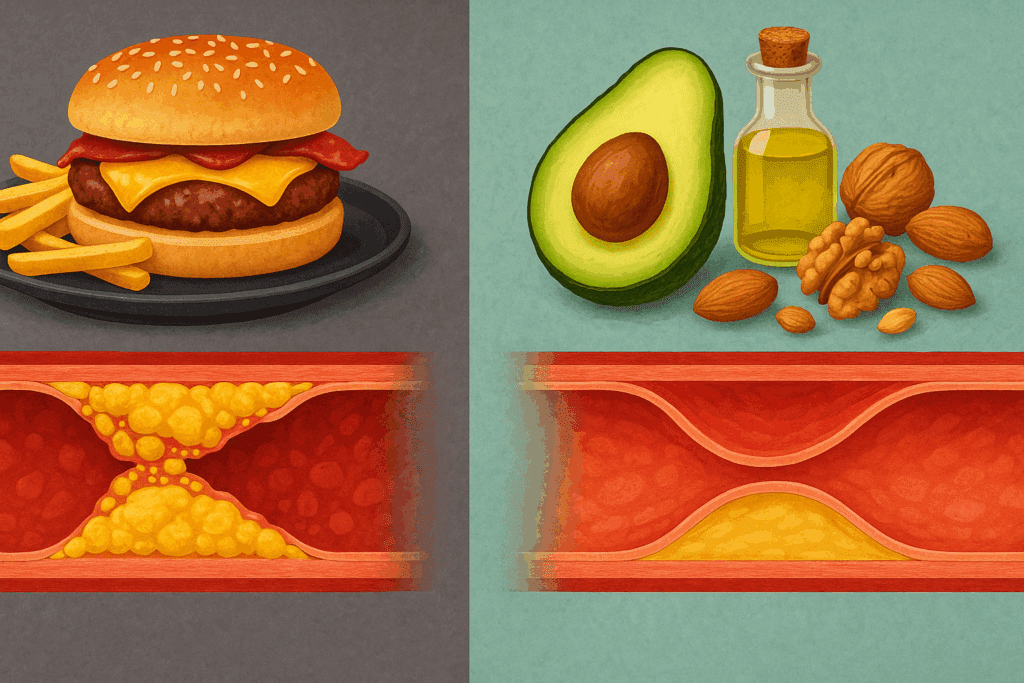 Greasy fast food versus healthy fats concept showing artery health differences, supporting benefits of a free keto diet plan.
