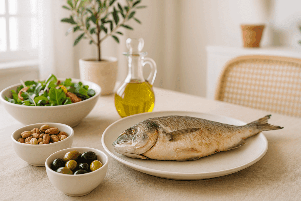 Grilled fish, mixed greens salad, nuts, olives, and olive oil on a Mediterranean-style table setting promoting a heart-healthy free keto diet plan.