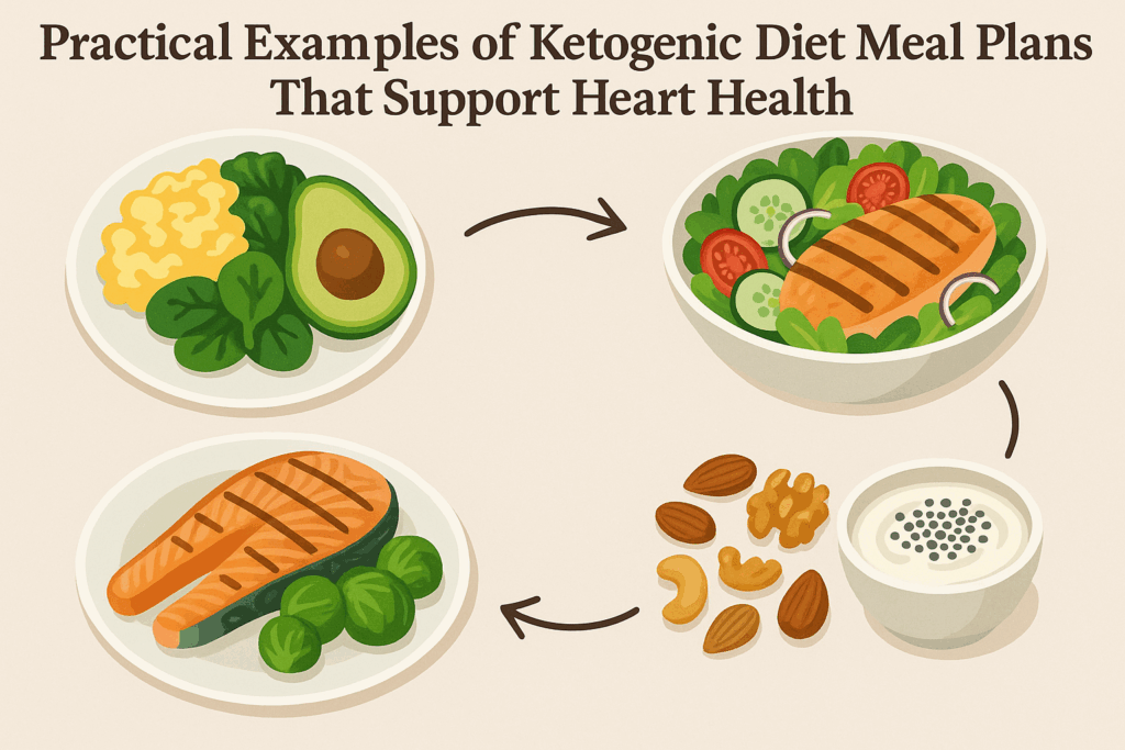 Scrambled eggs with spinach and avocado, grilled chicken salad, salmon with Brussels sprouts, and healthy snacks illustrated in a heart-healthy free keto diet plan infographic.