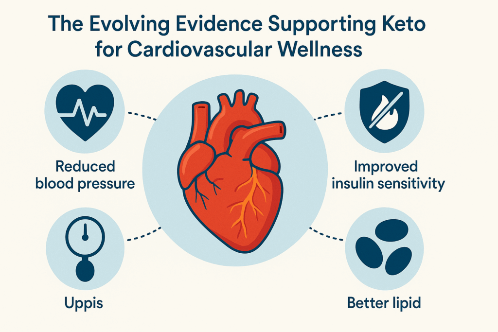 Conceptual diagram showing a healthy heart surrounded by icons for reduced blood pressure, lower inflammation, improved insulin sensitivity, and better lipid profiles, illustrating cardiovascular benefits of a free keto diet plan.