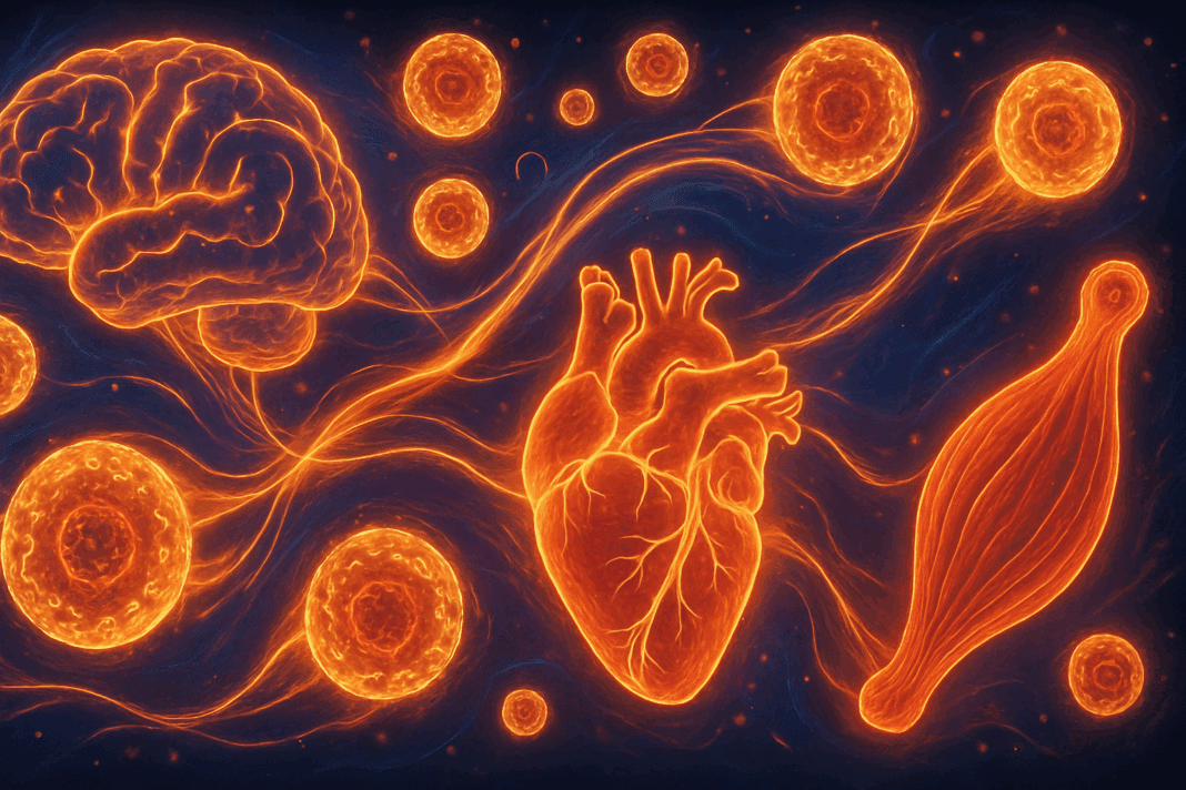 Human brain, heart, and muscle interconnected by glowing pathways and ketone-charged cells, illustrating how do ketones work in the body.
