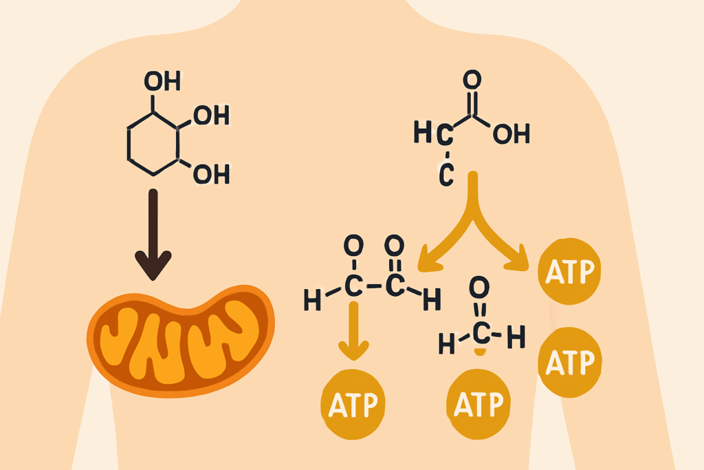 Diagram showing how do ketones work in the body with fat molecules converting to ketones and glucose pathways generating ATP energy inside cells.