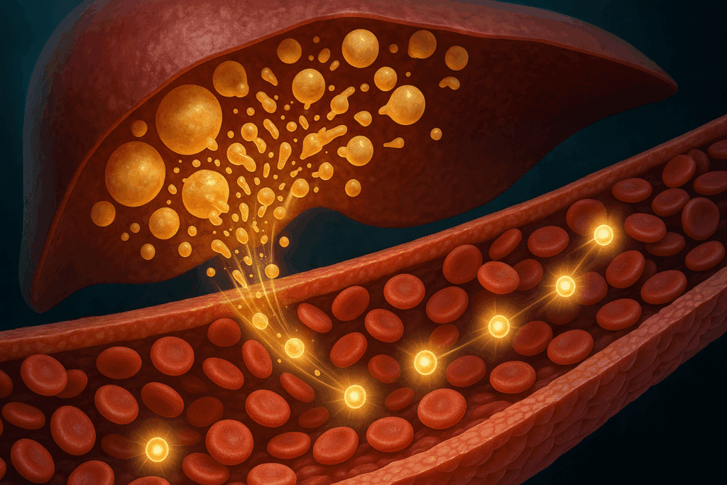 Fat molecules breaking down in the liver and transforming into ketone bodies entering the bloodstream, illustrating how do ketones work in the body.