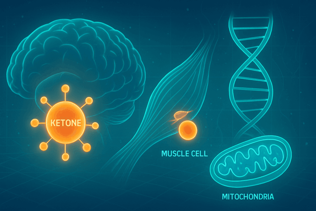 Futuristic illustration showing how do ketones work in the body by fueling brain and muscle cells, regulating DNA, and reducing oxidative stress in mitochondria.