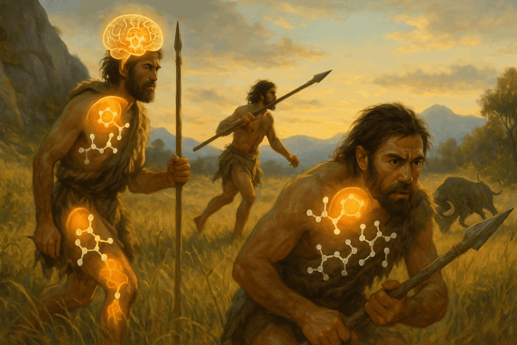 Early humans hunting in a wilderness landscape with glowing ketone energy, illustrating how do ketones work in the body.