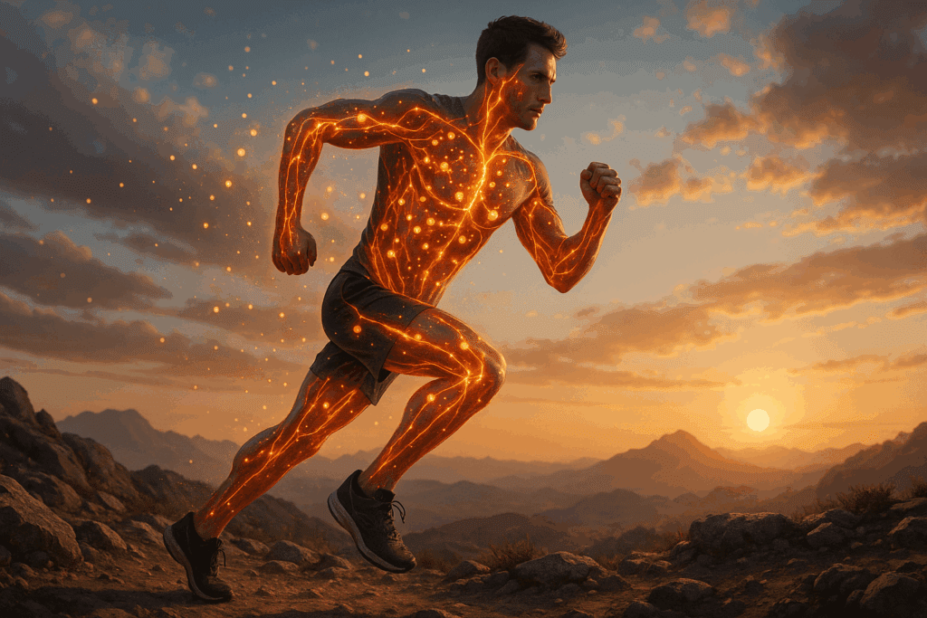 Athlete running across rugged terrain with glowing particles visualizing how do ketones work in the body to fuel muscles and boost endurance.