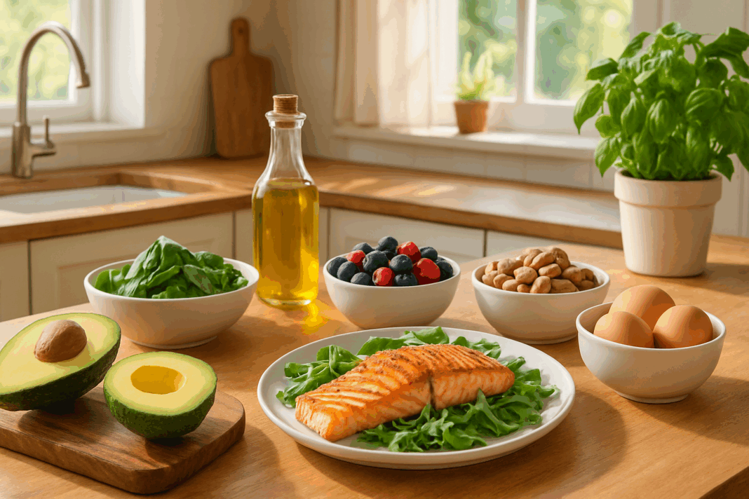 Grilled salmon, avocado, leafy greens, berries, nuts, eggs, and olive oil arranged on a kitchen counter for a free low carb diet plan.