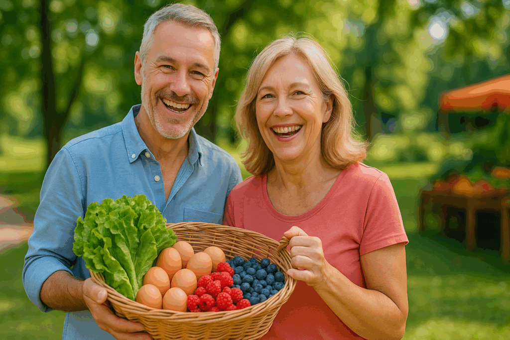 Cheerful middle-aged couple outdoors holding a basket of fresh foods like leafy greens, eggs, and berries symbolizing a free low carb diet plan.