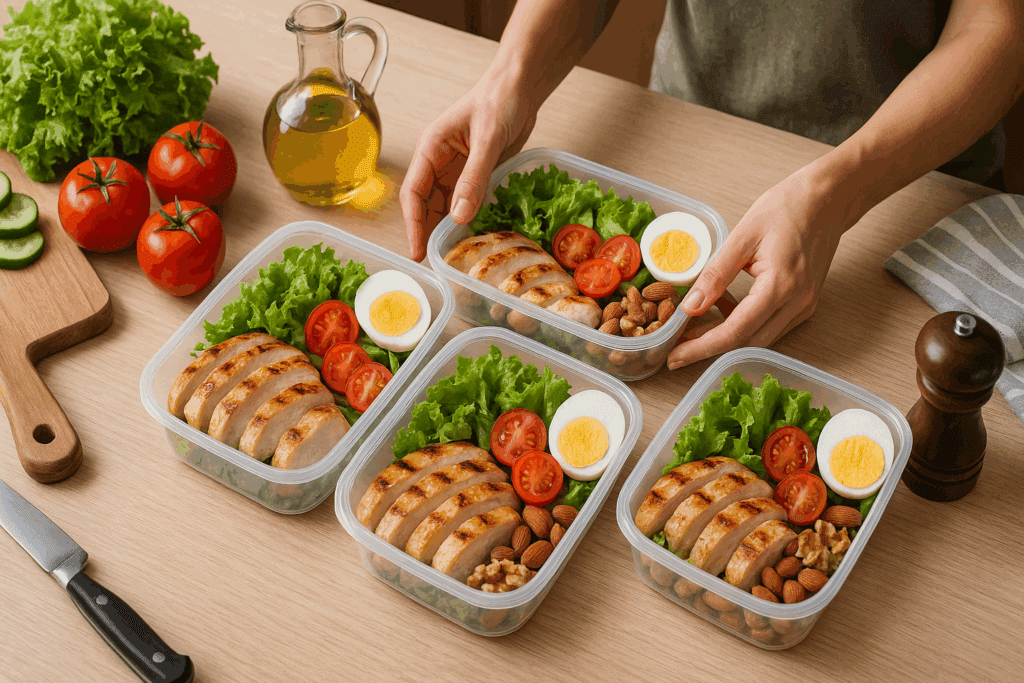 Hands arranging meal prep containers filled with grilled chicken, boiled eggs, nuts, and salad for a free low carb diet plan on a kitchen table.