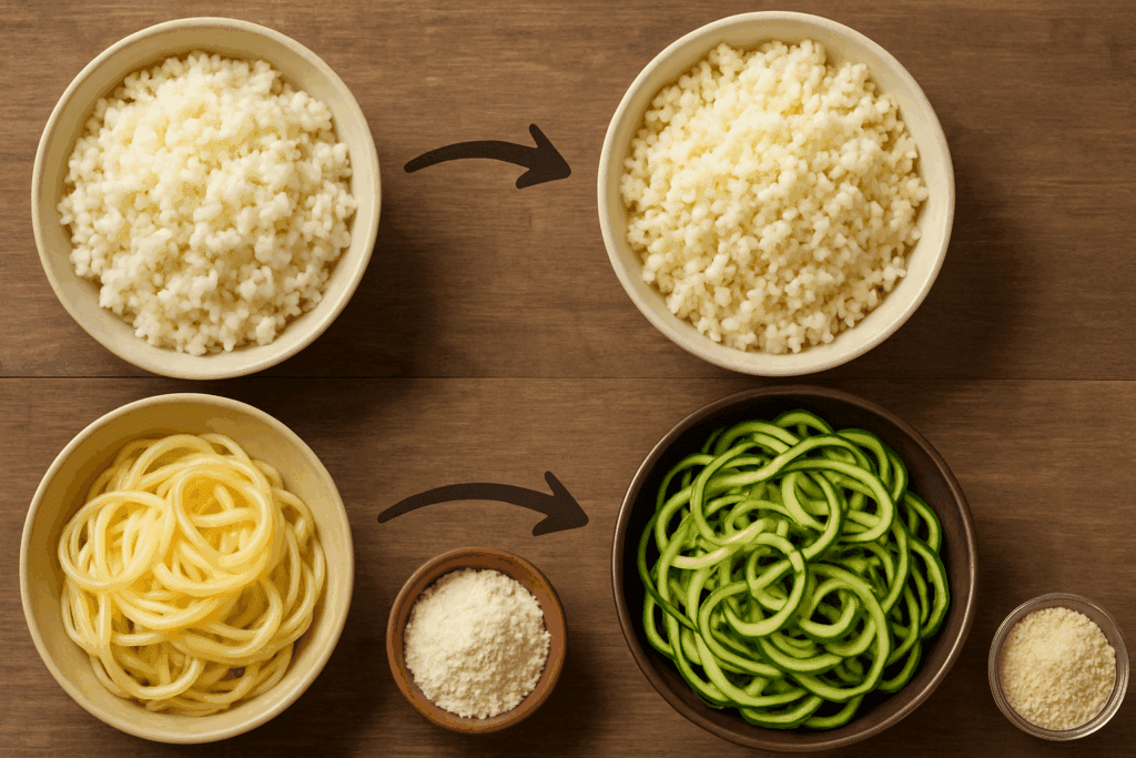 Table display of healthy food swaps for a free low carb diet plan, featuring cauliflower rice, zucchini noodles, and almond flour alternatives.
