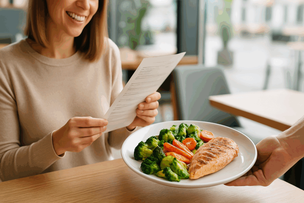 Woman smiling while choosing a free low carb diet plan meal at a modern restaurant, with grilled chicken and fresh vegetables being served.