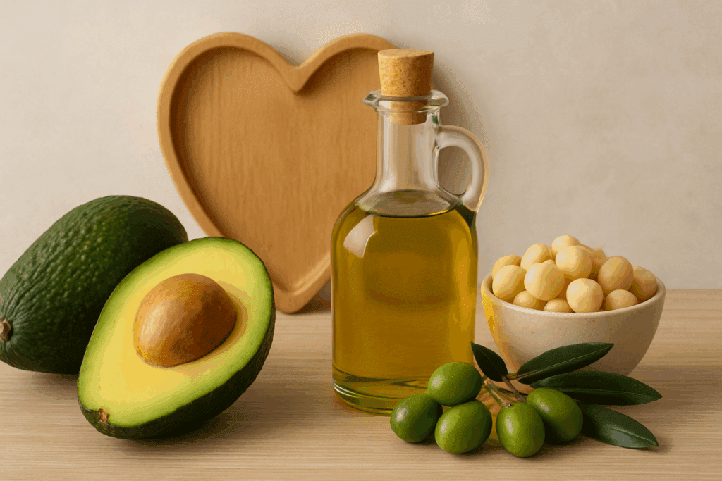 Whole avocados, extra virgin olive oil, macadamia nuts, and fresh olives arranged with a heart-shaped plate, showcasing the best fats for keto.