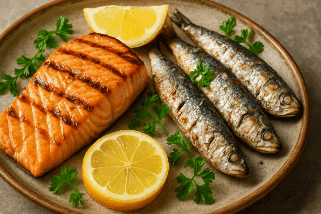 Grilled salmon and sardines with lemon wedges and fresh herbs on a rustic plate showcasing best fats for keto.