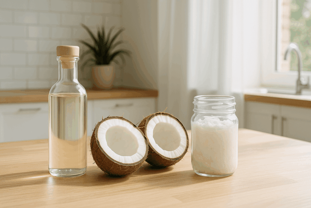 Glass bottle of MCT oil, fresh halved coconuts, and jar of coconut oil on a light wooden counter in a sunlit kitchen, showcasing the best fats for keto.