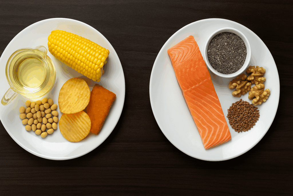 Comparison of two plates showing unhealthy omega-6 foods versus healthy Best fats for keto options like salmon, chia seeds, walnuts, and flaxseeds.